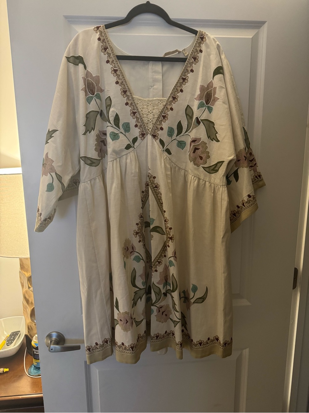 Soft Surroundings Cream Midi Dress with Pastel Floral Embroidery